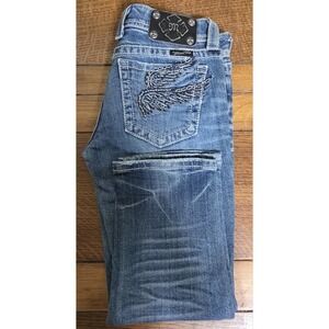 Miss Me Blue Distressed Capri Jeans with Wing Embroidery